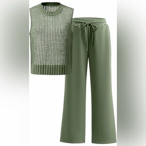 Women Two Piece Outfits Crochet Sheer Knit Sweater Sleeveless Top Wide Leg Pants